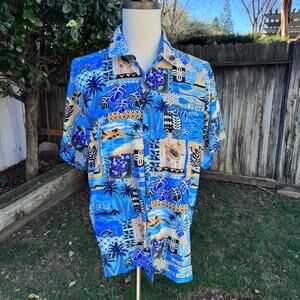 Rima Beachwear Hawaiian Tropical Beach Palm Tree Fish Exotic Print Shirt Mens XL